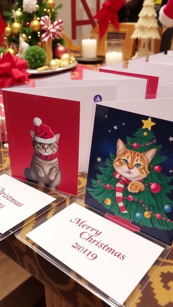 Handmade Christmas cards with cats, one as Santa and another in a Christmas tree.